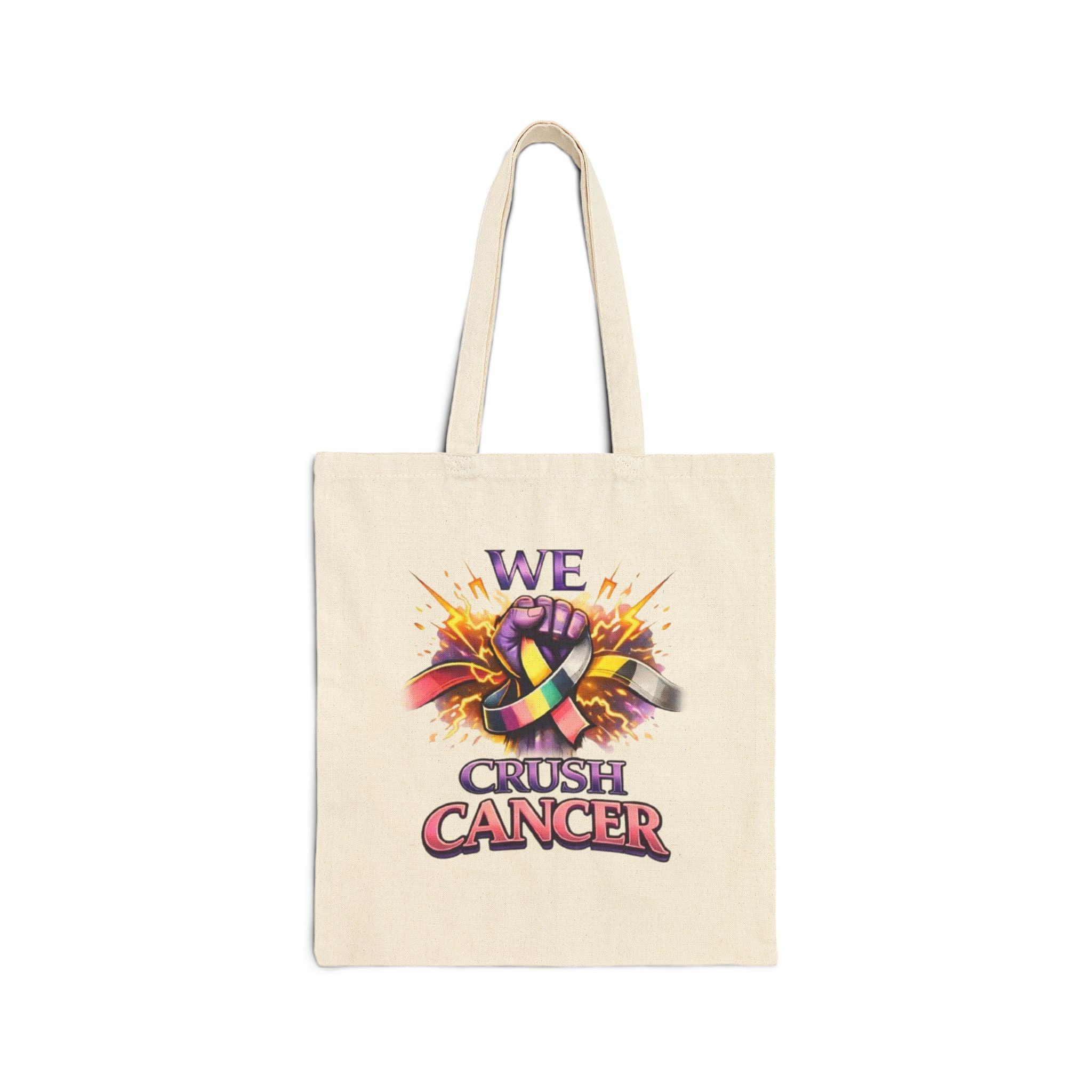 We Crush Cancer Tote Bag — Cancer Awareness Ribbon Canvas Tote ("No One Has to Fight Alone")