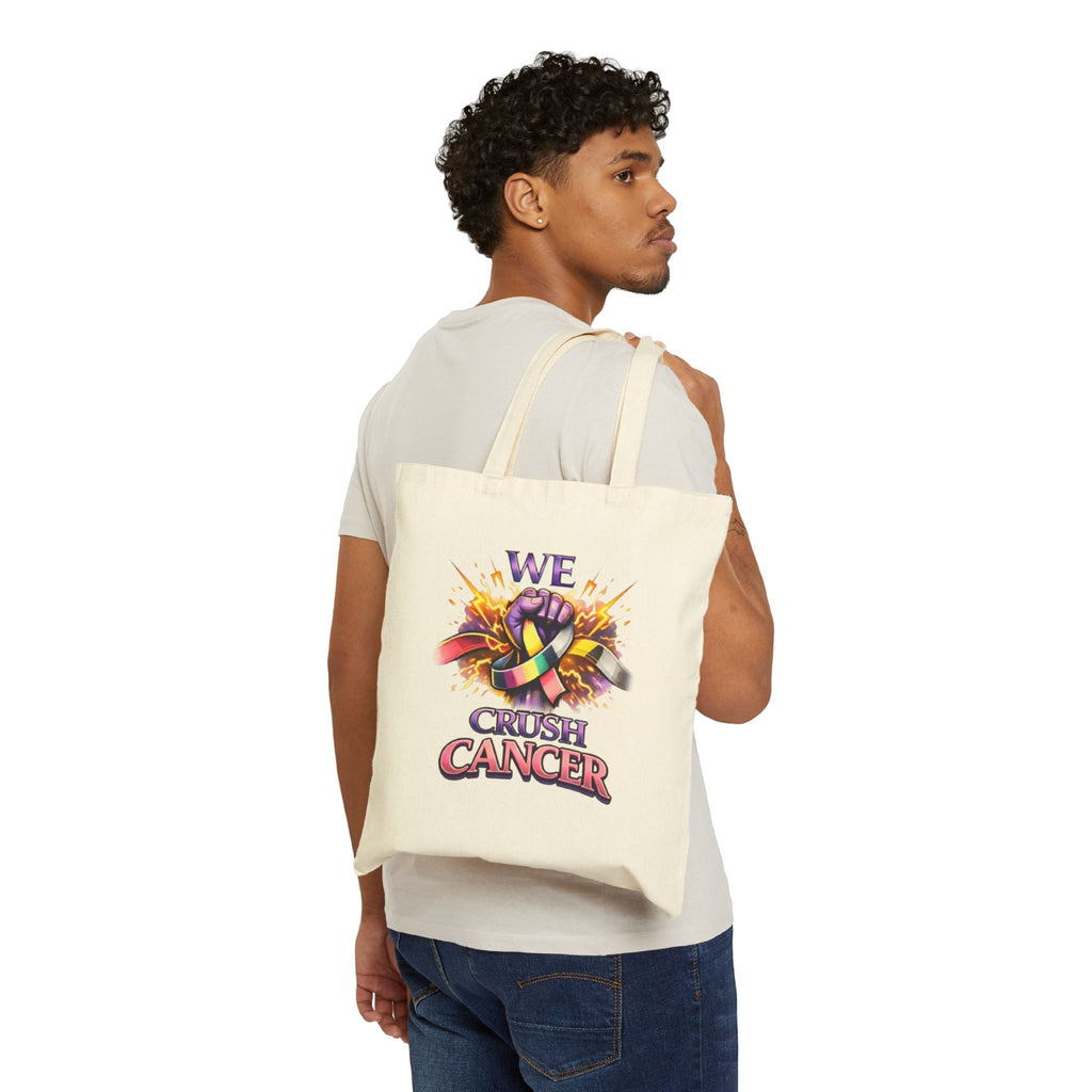 We Crush Cancer Tote Bag — Cancer Awareness Ribbon Canvas Tote ("No One Has to Fight Alone")