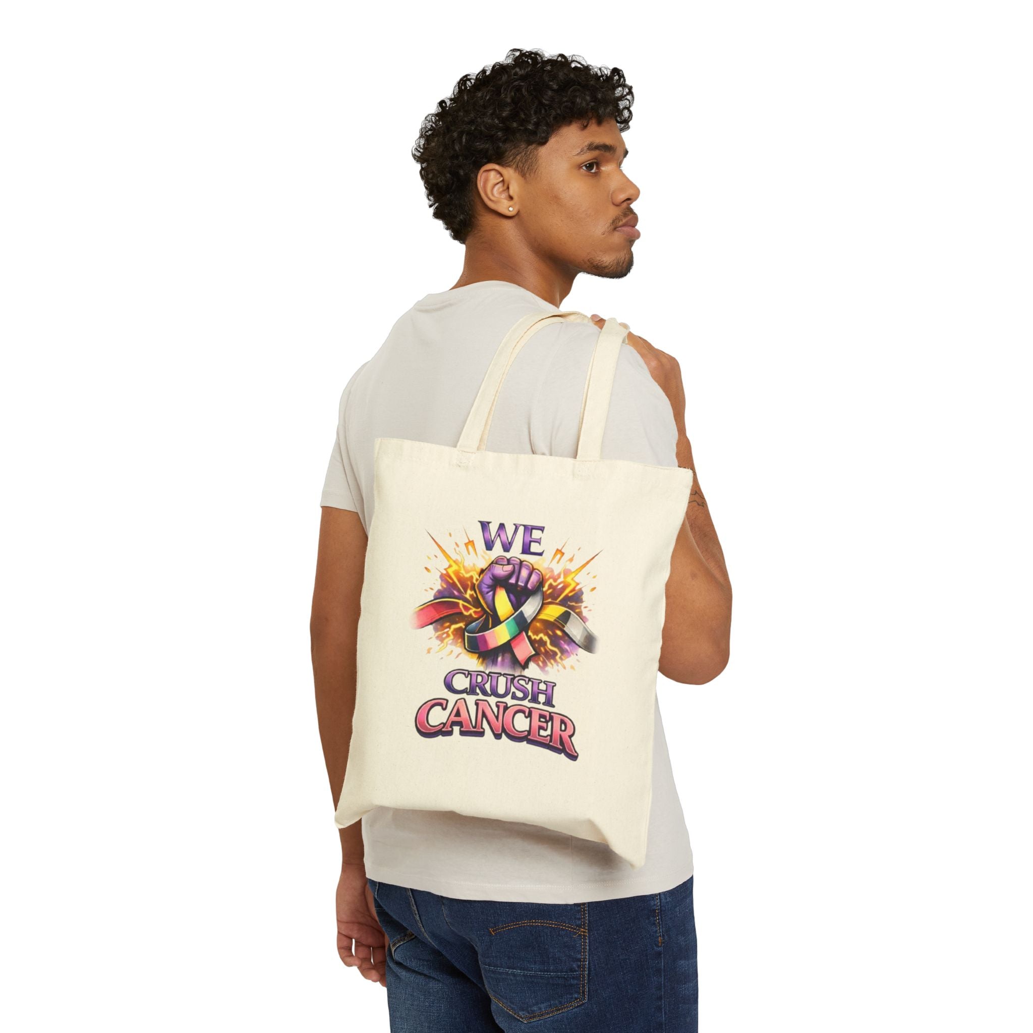 We Crush Cancer Tote Bag — Cancer Awareness Ribbon Canvas Tote ("No One Has to Fight Alone")