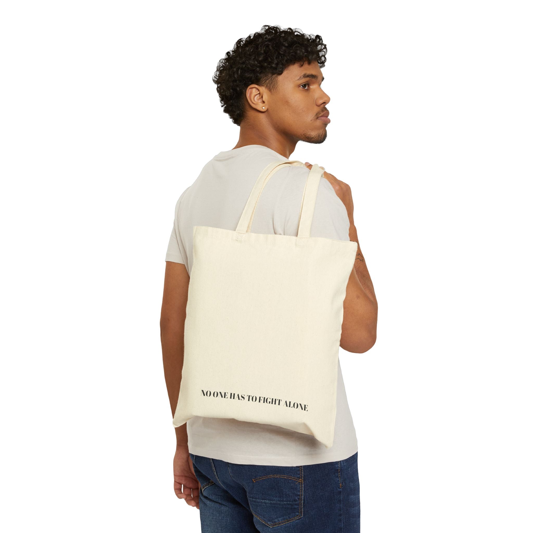 We Crush Cancer Tote Bag — Cancer Awareness Ribbon Canvas Tote ("No One Has to Fight Alone")