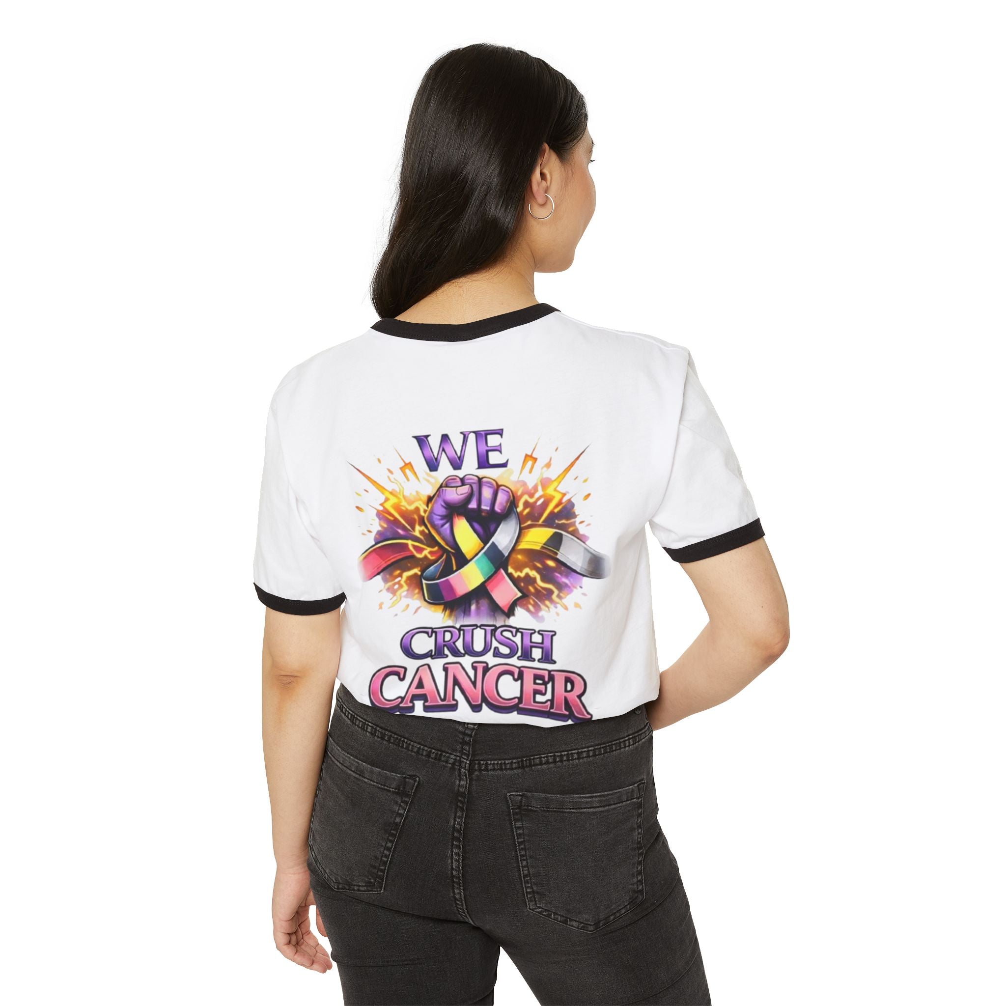 We Crush Cancer Ringer T-Shirt — Cancer Awareness Ribbon Tee