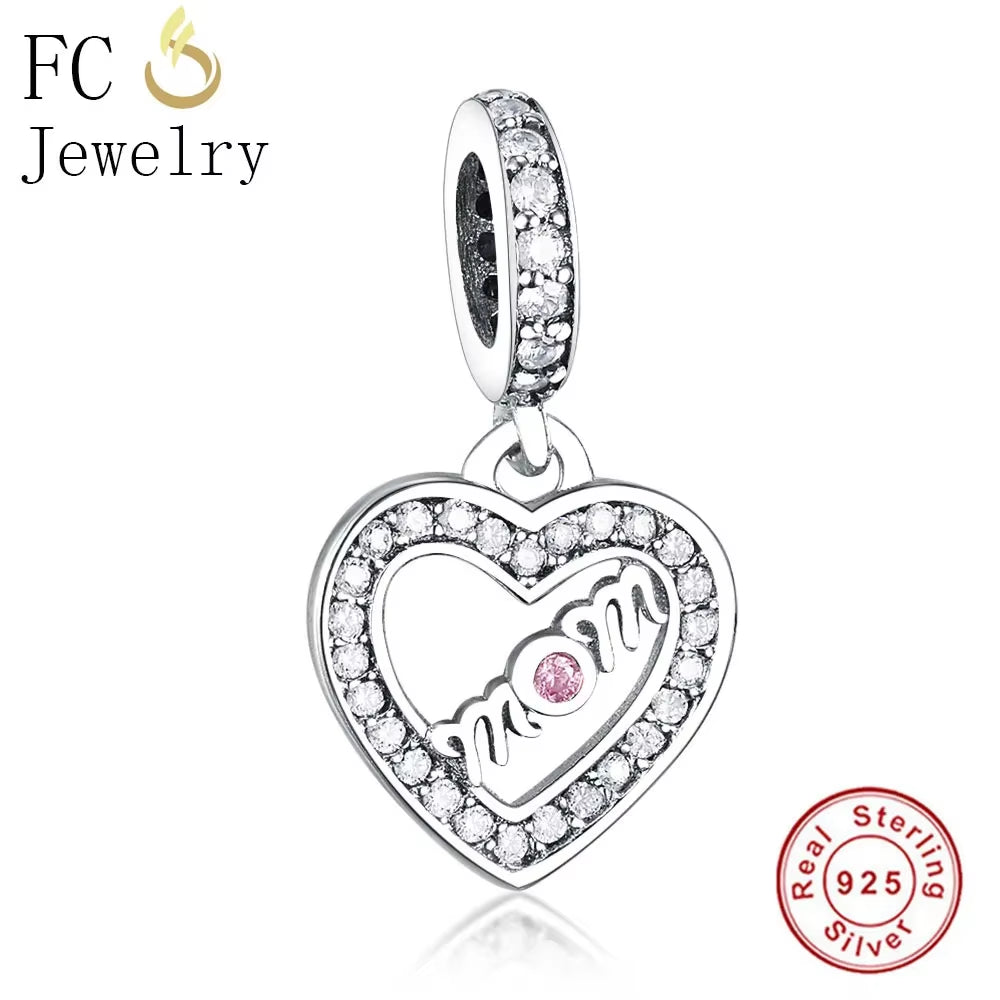 Jewelry Fit Original Brand Charms Bracelets 925 Sterling Silver Breasts Cancer Hope Ribbon Heart Family Mom Bead Women DIY