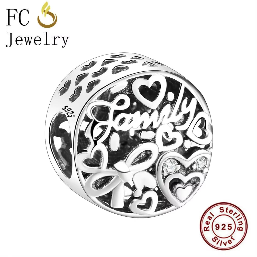 Jewelry Fit Original Brand Charms Bracelets 925 Sterling Silver Breasts Cancer Hope Ribbon Heart Family Mom Bead Women DIY