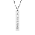Engraved Vertical Bar Necklace – "She's a Warrior" Personalized Pendant