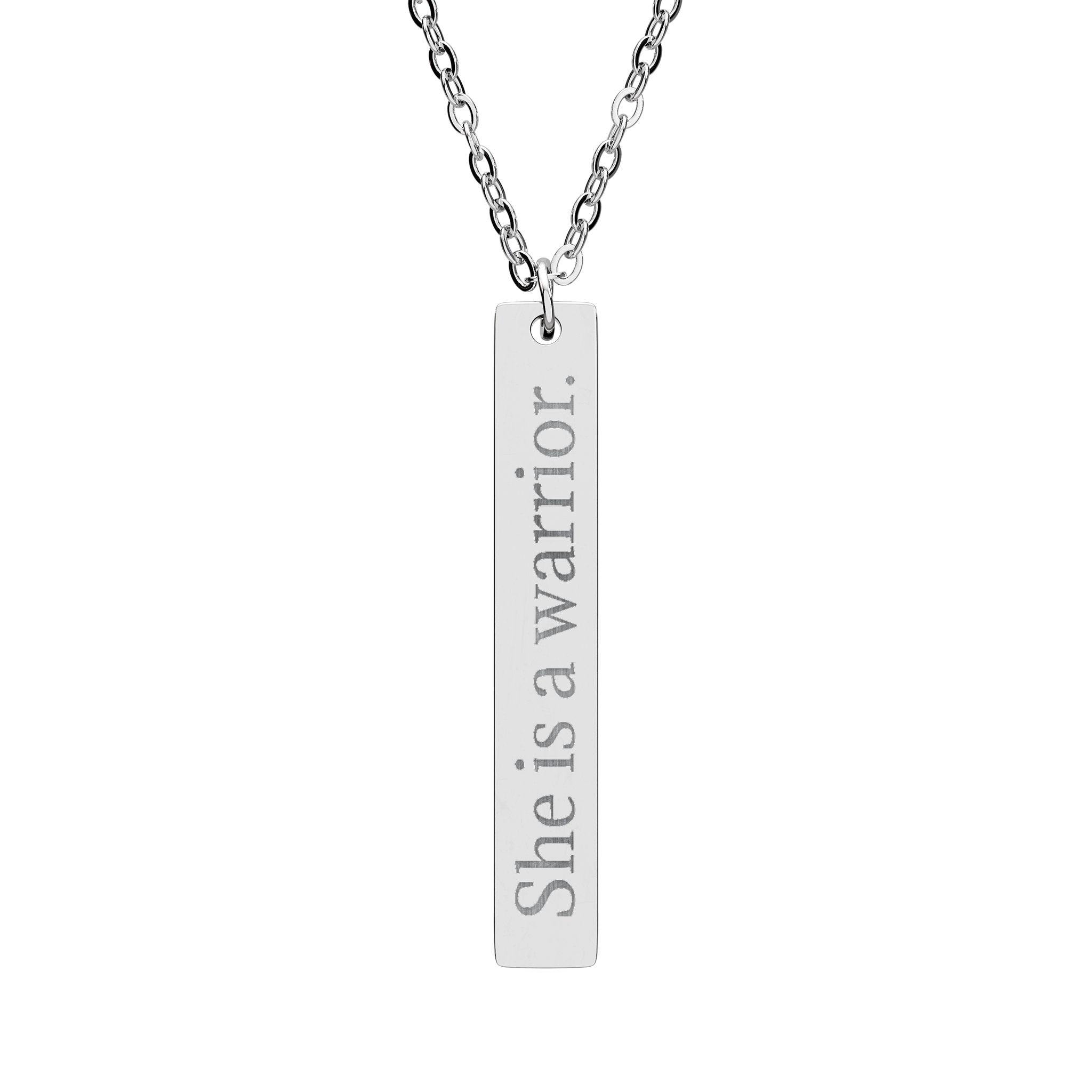 Engraved Vertical Bar Necklace – "She's a Warrior" Personalized Pendant