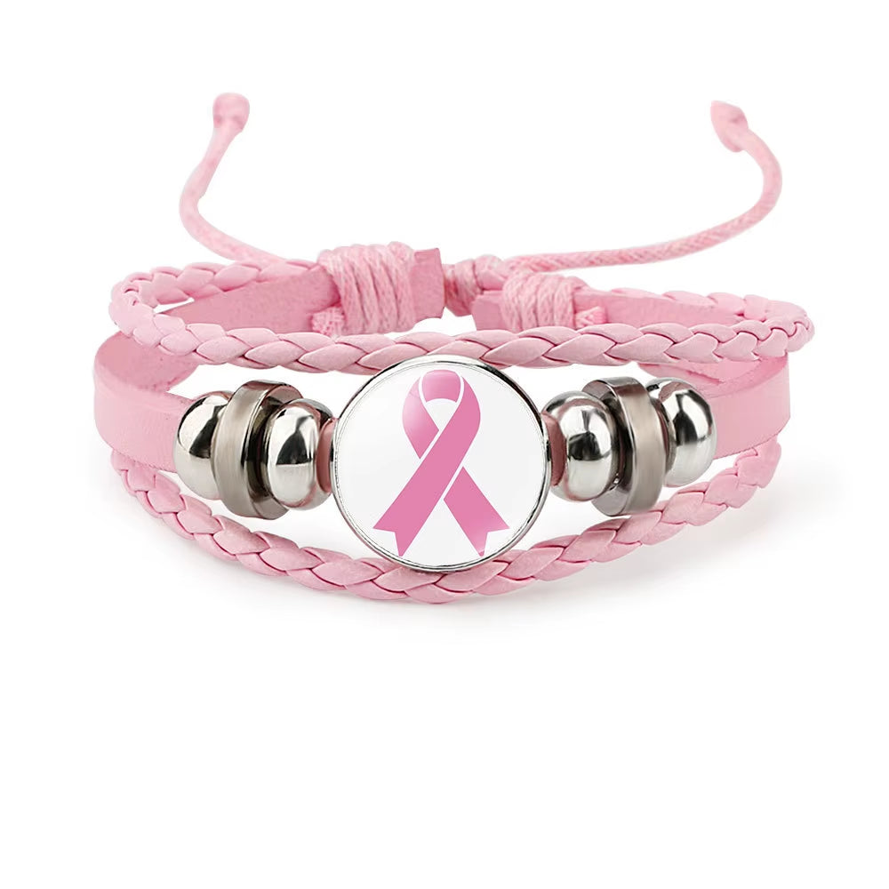 Breast Cancer Awareness Hope Bracelet for Women Pink Ribbon Charm Braided Leather Rope Wrap Bangle Fashion Handmade Jewelry