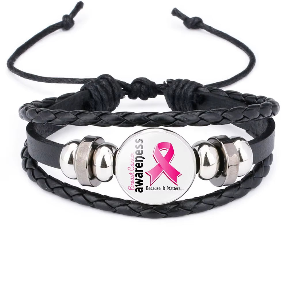 Breast Cancer Awareness Hope Bracelet for Women Pink Ribbon Charm Braided Leather Rope Wrap Bangle Fashion Handmade Jewelry