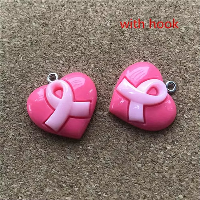 20Pcs/Lot 23Mm*20Mm Resin Fatback Heart with Breast Cancer Ribbon Hope Accessories Jewelry Diy Necklace/Bracel
