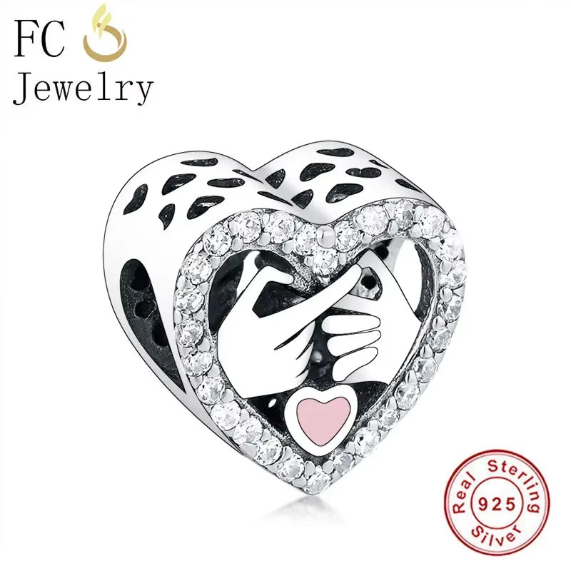 Jewelry Fit Original Brand Charms Bracelets 925 Sterling Silver Breasts Cancer Hope Ribbon Heart Family Mom Bead Women DIY
