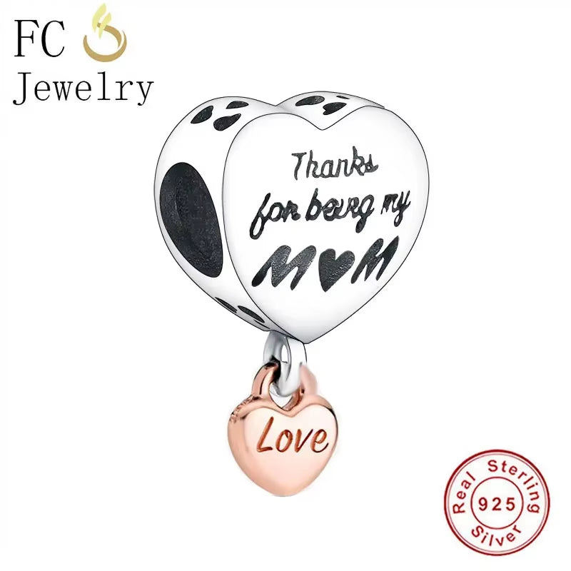 Jewelry Fit Original Brand Charms Bracelets 925 Sterling Silver Breasts Cancer Hope Ribbon Heart Family Mom Bead Women DIY