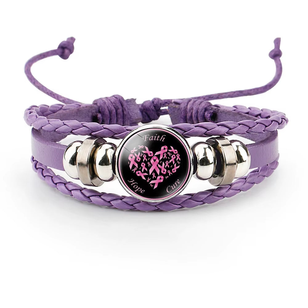 Breast Cancer Awareness Hope Bracelet for Women Pink Ribbon Charm Braided Leather Rope Wrap Bangle Fashion Handmade Jewelry