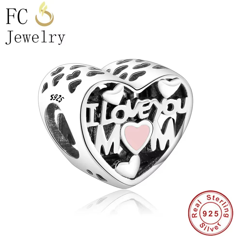 Jewelry Fit Original Brand Charms Bracelets 925 Sterling Silver Breasts Cancer Hope Ribbon Heart Family Mom Bead Women DIY