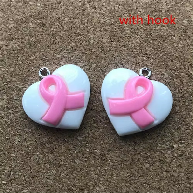 20Pcs/Lot 23Mm*20Mm Resin Fatback Heart with Breast Cancer Ribbon Hope Accessories Jewelry Diy Necklace/Bracel
