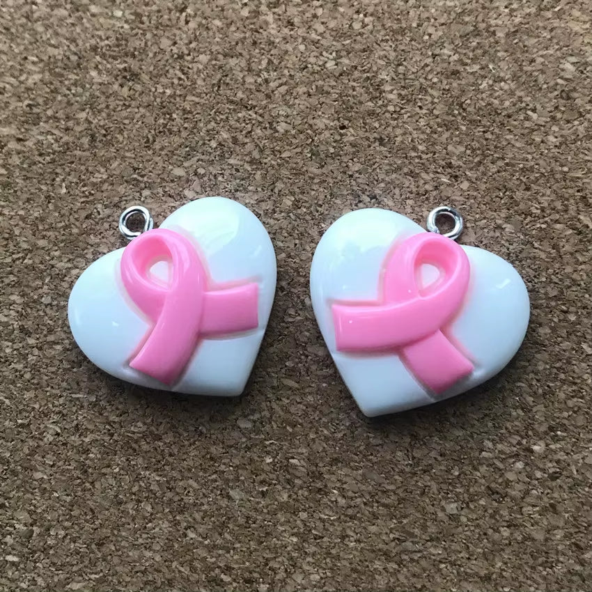 20Pcs/Lot 23Mm*20Mm Resin Fatback Heart with Breast Cancer Ribbon Hope Accessories Jewelry Diy Necklace/Bracel