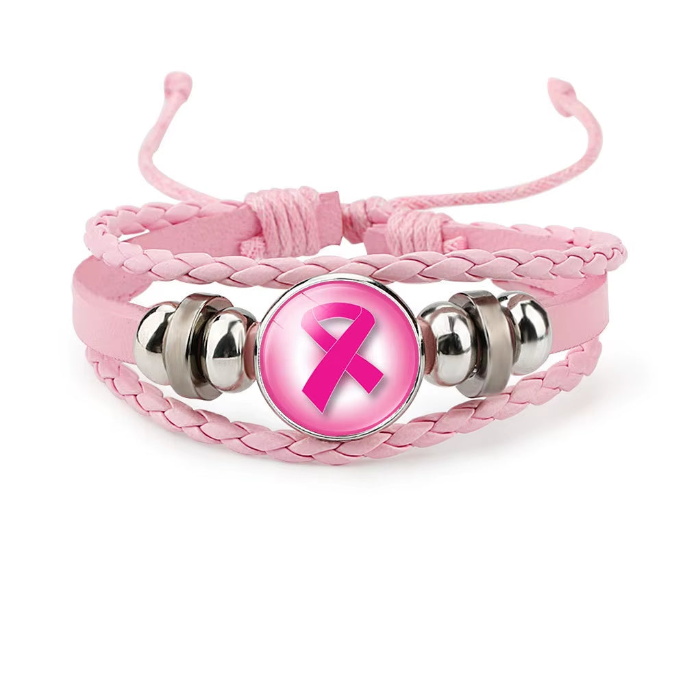 Breast Cancer Awareness Hope Bracelet for Women Pink Ribbon Charm Braided Leather Rope Wrap Bangle Fashion Handmade Jewelry