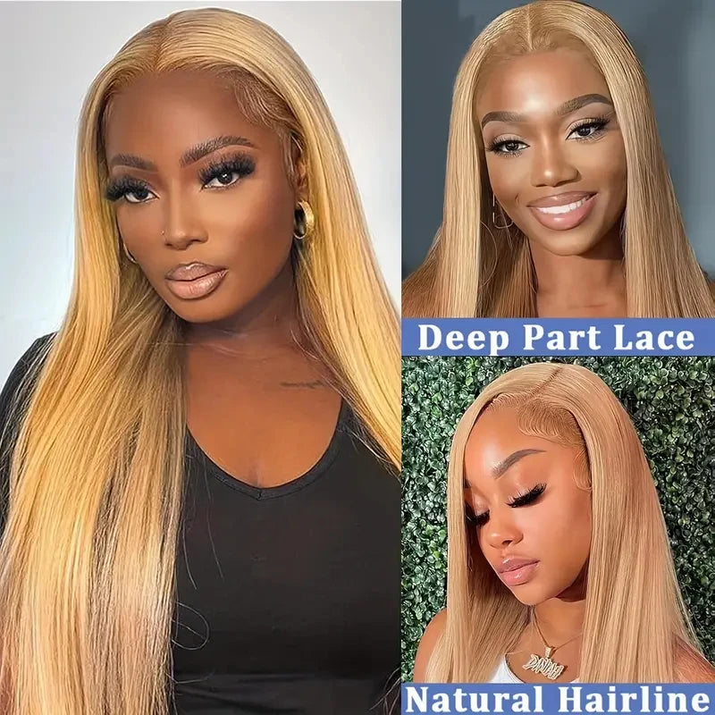 Honey Blonde Wigs Human Hair Bone Straight Wigs 13x6 HD Transparent Lace Front Human Hair Wigs #27 Honey Blonde Colored Wig