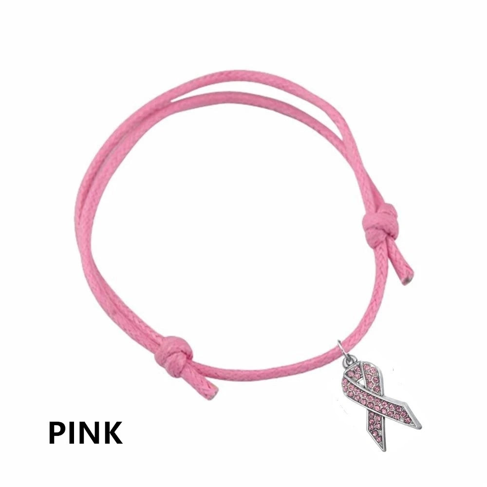 CANCER RIBBON Pink Blue Red Ribbon Bracelets Breast Cancer Awareness Charm Wax Cord Adjustable Bracelet Survive Jewelry Gift