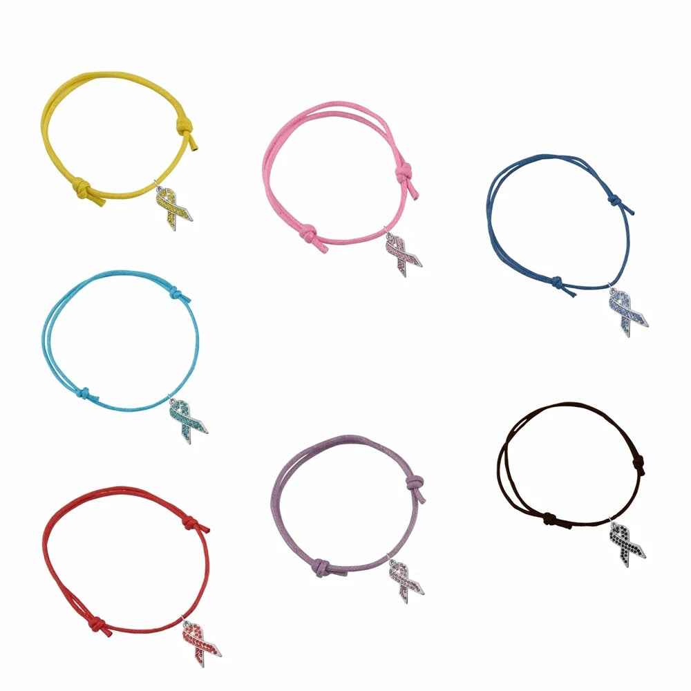CANCER RIBBON Pink Blue Red Ribbon Bracelets Breast Cancer Awareness Charm Wax Cord Adjustable Bracelet Survive Jewelry Gift