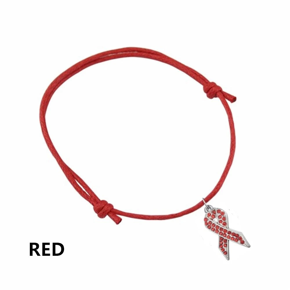 CANCER RIBBON Pink Blue Red Ribbon Bracelets Breast Cancer Awareness Charm Wax Cord Adjustable Bracelet Survive Jewelry Gift