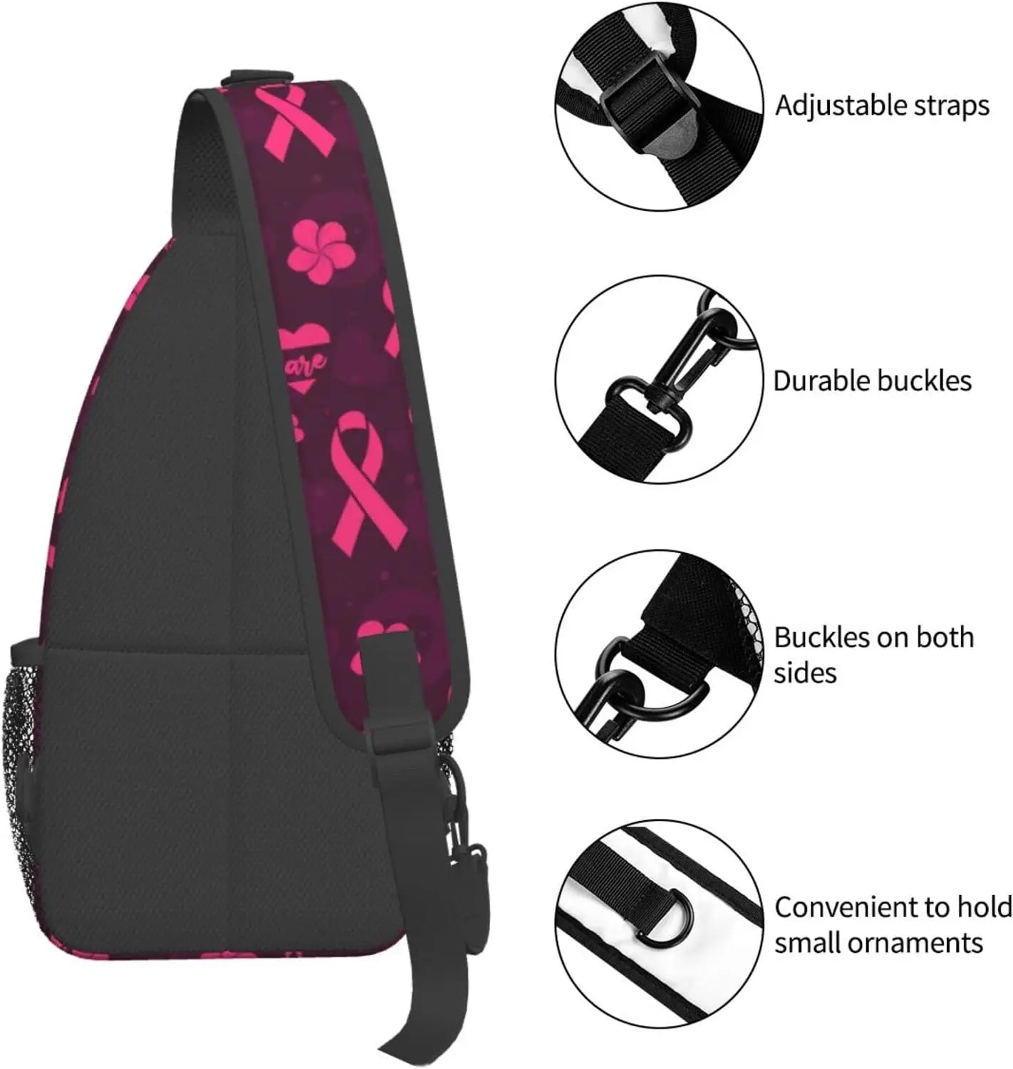 Breast Cancer Pink Awareness Ribbon Sling Bag for Women Girls Shoulder Backpack Chest Bags Crossbody Daypack for Hiking Camping
