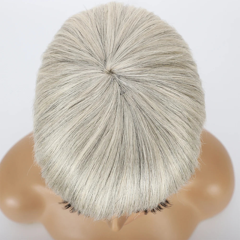 Ombre Grey Short Pixie Cut Wig with Bangs Salt and Pepper Human Hair Wig Pre Plucked Glueless Gray Bob Wig Full Machine Made