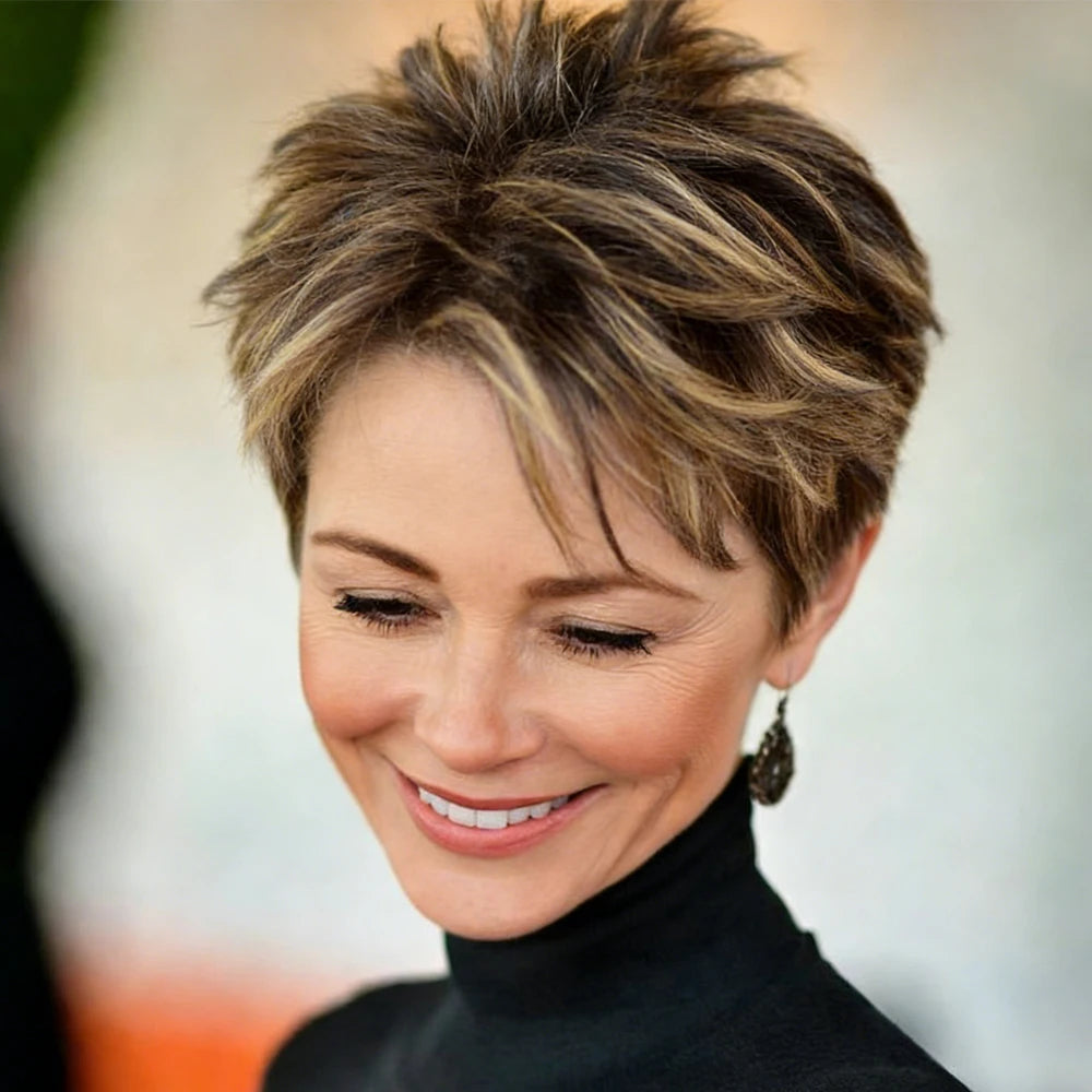 Short Brown Mixed Golden Highlights Human Hair Full Machine-Made Pixie Cut Wig for Black Women