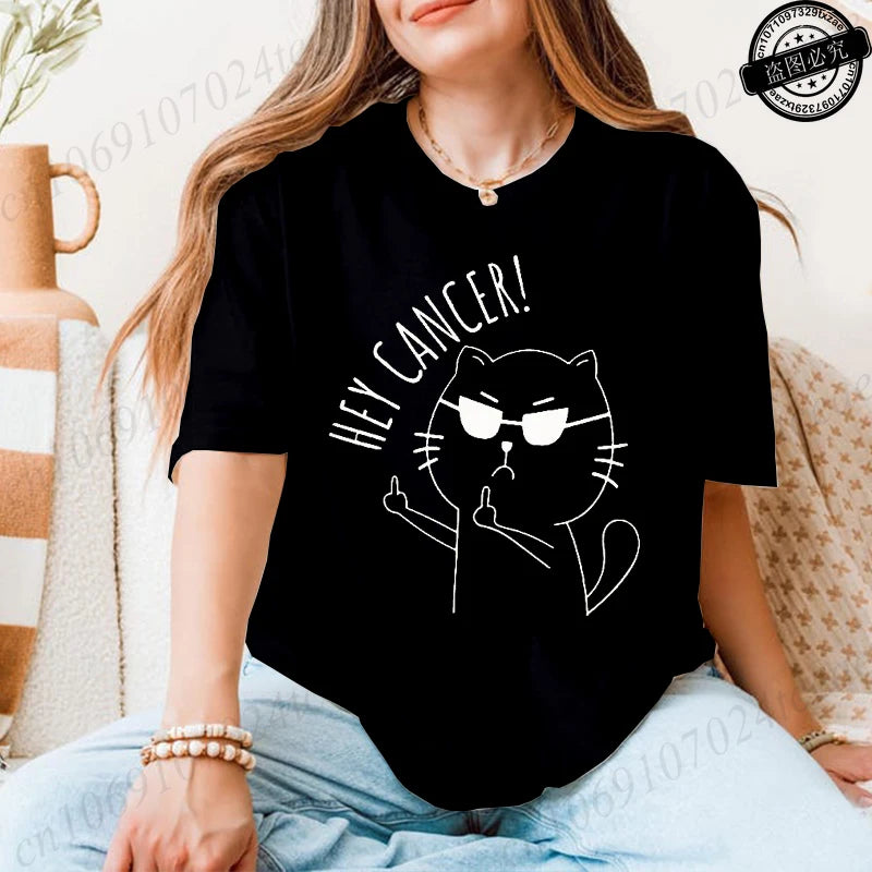 "Hey Cancer" Survivor T-Shirts, Cancer Warrior Shirt, Kitten Awareness Month Tee, Cancer Fighter Gift Shirt for Women Clothing