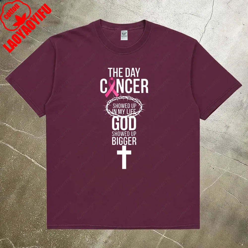 Breast Cancer Awareness Month Women Shirt Breast Cancer Awareness God Showed Up Bigger Christian Quote for T-Shirts Tops