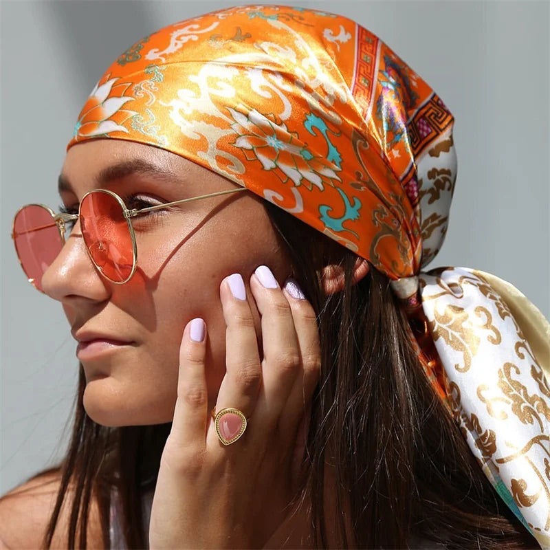 Satin Square Scarf Women  Elegant 2025 Print Silk Neckerchief Shawl Wraps Headband Handle Hair Accessories Bandana