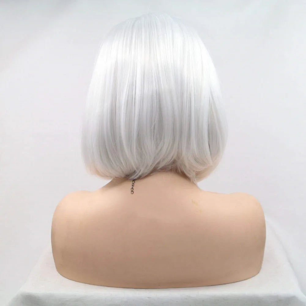 White Bob Synthetic Lace Front Wig Silver Platinum Blonde 14 Inch Side Part Heat Resistant Fiber Wig for Women