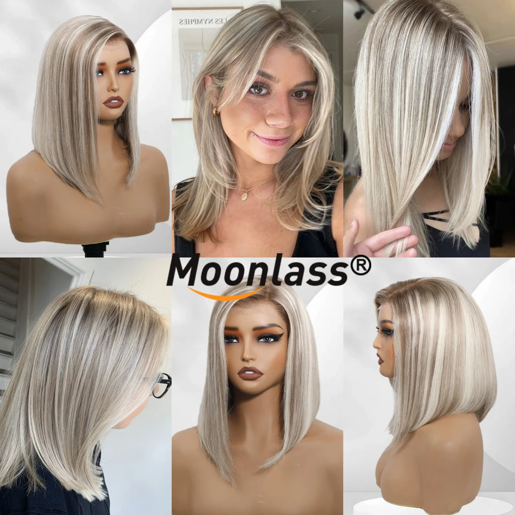 Moonlass 210 Density Highlight Grey Velvet Blunt Cut Bob 100% Human Hair Wigs Breathable Cap Construction Luxury for Everyday