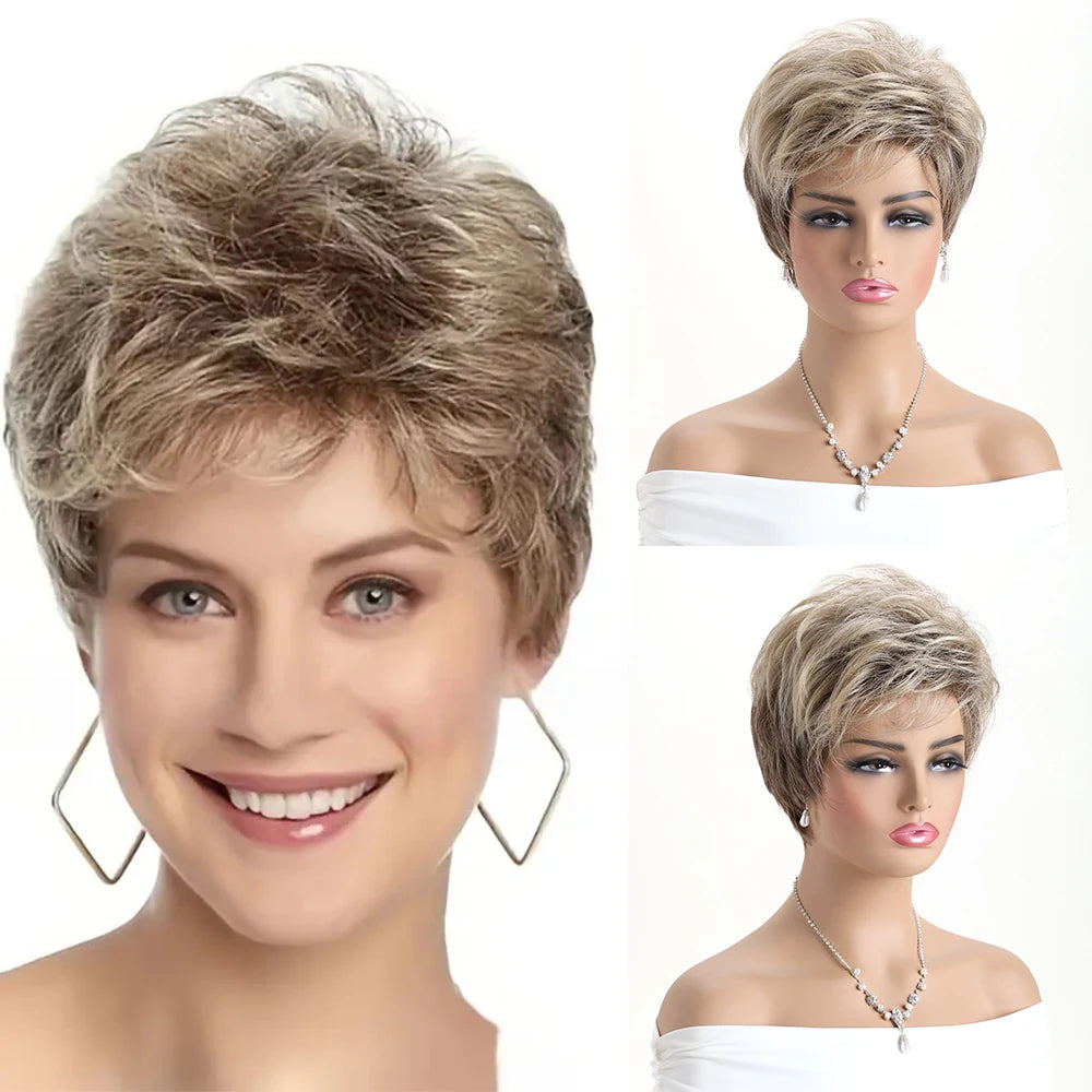Short Natural Wigs with Bangs Soft Mommy Hair Daily Use Short  Grey Ombre Curly Synthetic Hair Costume Party Wig for Women