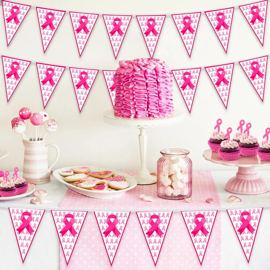 100FT Pink Ribbon Banner-60 PCS Breast Cancer Awareness Pennant Flags to Celebrate someone,  Pre-assembled Decor for Outdoor Indoor Party Wall