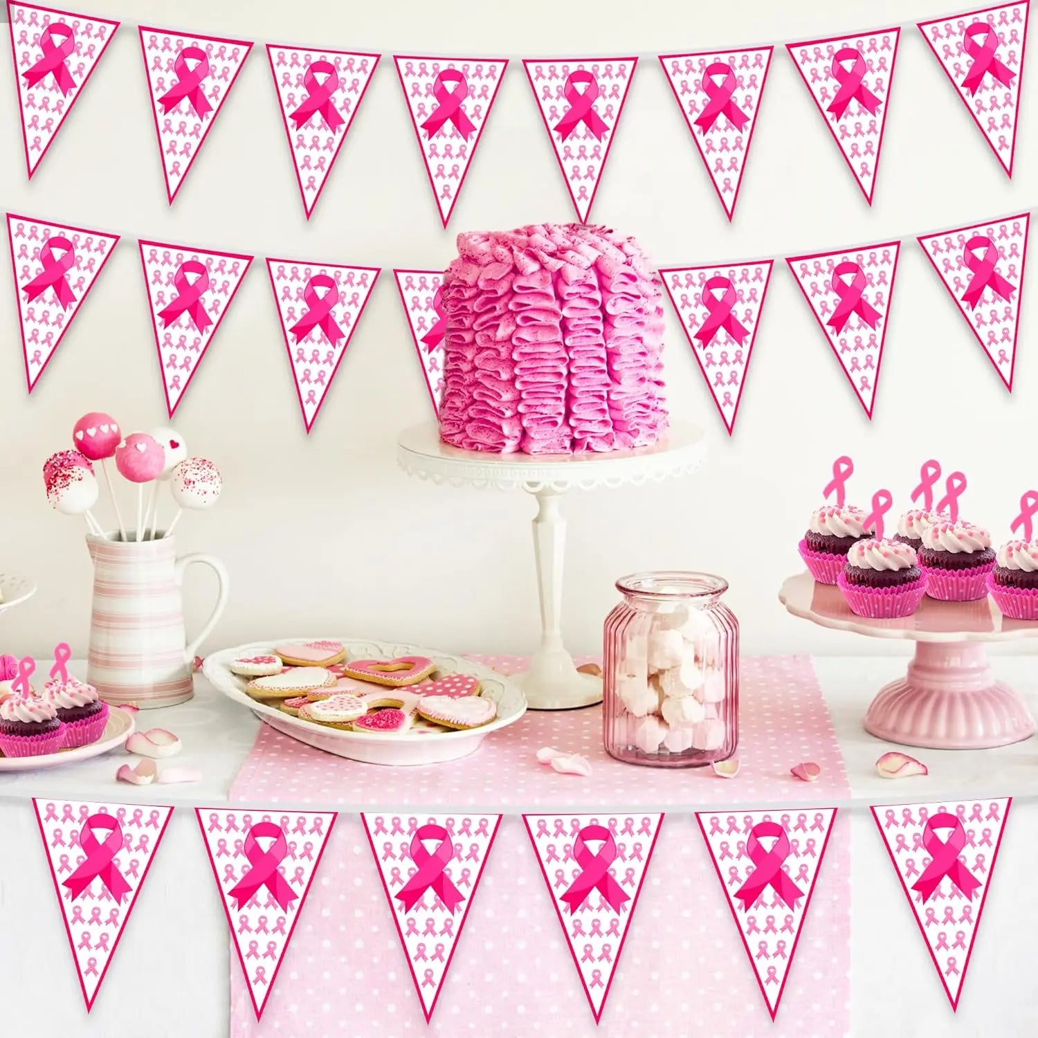 100FT Pink Ribbon Banner-60 PCS Breast Cancer Awareness Pennant Flags to Celebrate someone,  Pre-assembled Decor for Outdoor Indoor Party Wall