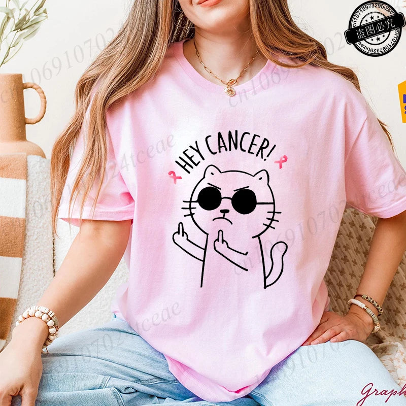 "Hey Cancer" Survivor T-Shirts, Cancer Warrior Shirt, Kitten Awareness Month Tee, Cancer Fighter Gift Shirt for Women Clothing