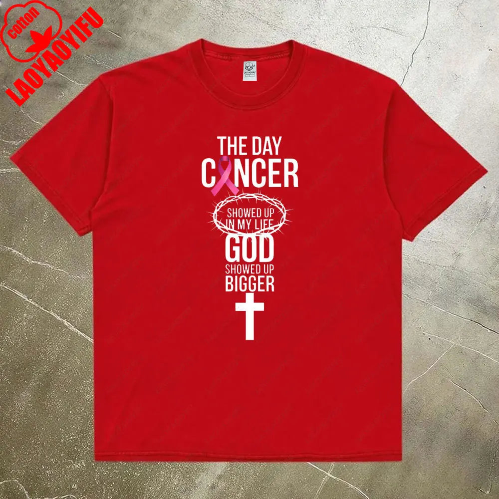 Breast Cancer Awareness Month Women Shirt Breast Cancer Awareness God Showed Up Bigger Christian Quote for T-Shirts Tops