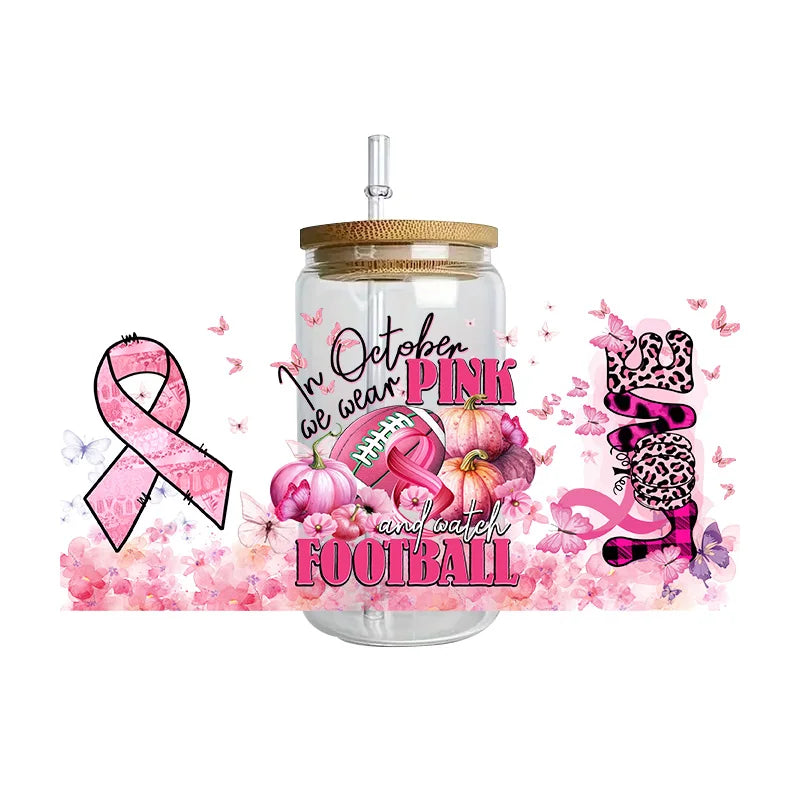 Pink Ribbon Affirmation Cup Wraps Decals for 16oz Libbey Glass Breast Cancer Awareness 3D Transfer Stickers UV DTF Cup Wraps