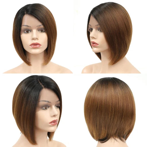 Synthetic Lace Front Wig L Part Straight Short Bob Ombre Rachel Brown Colored Soft Hair Wigs For Women Right Side Part
