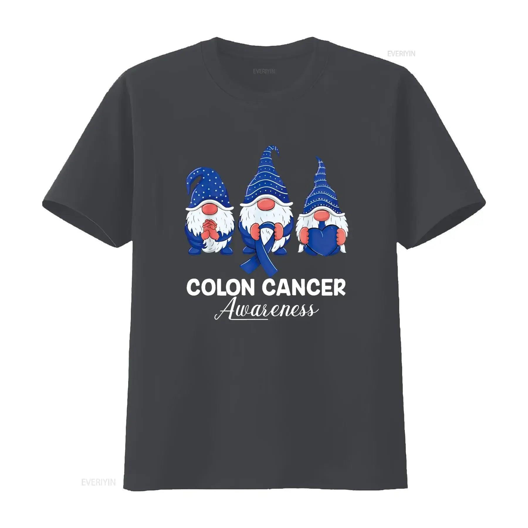 Colon Cancer Support gnomes with ribbon; Colorectal Awareness T Shirt vintage Washed Stretched graphic Top For Everyday Wear