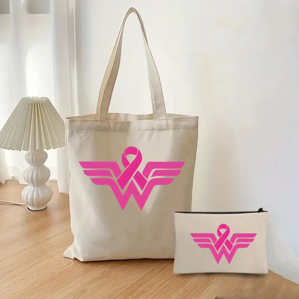 October Pink Breast Cancer Awareness Pattern Bag Set, Lightweight Large Capacity Tote Bag, Party Gift Handbag for Girls