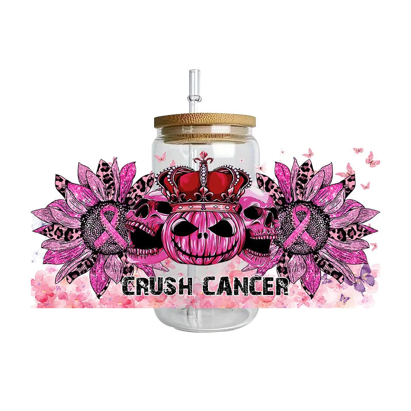 Pink Ribbon Affirmation Cup Wraps Decals for 16oz Libbey Glass Breast Cancer Awareness 3D Transfer Stickers UV DTF Cup Wraps
