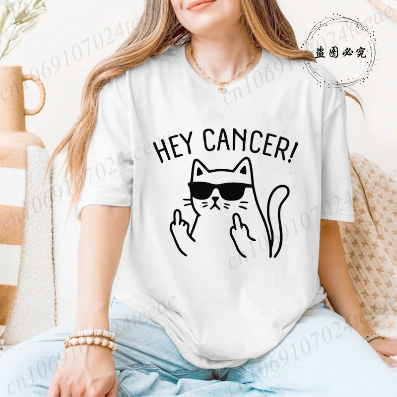 "Hey Cancer" Survivor T-Shirts, Cancer Warrior Shirt, Kitten Awareness Month Tee, Cancer Fighter Gift Shirt for Women Clothing