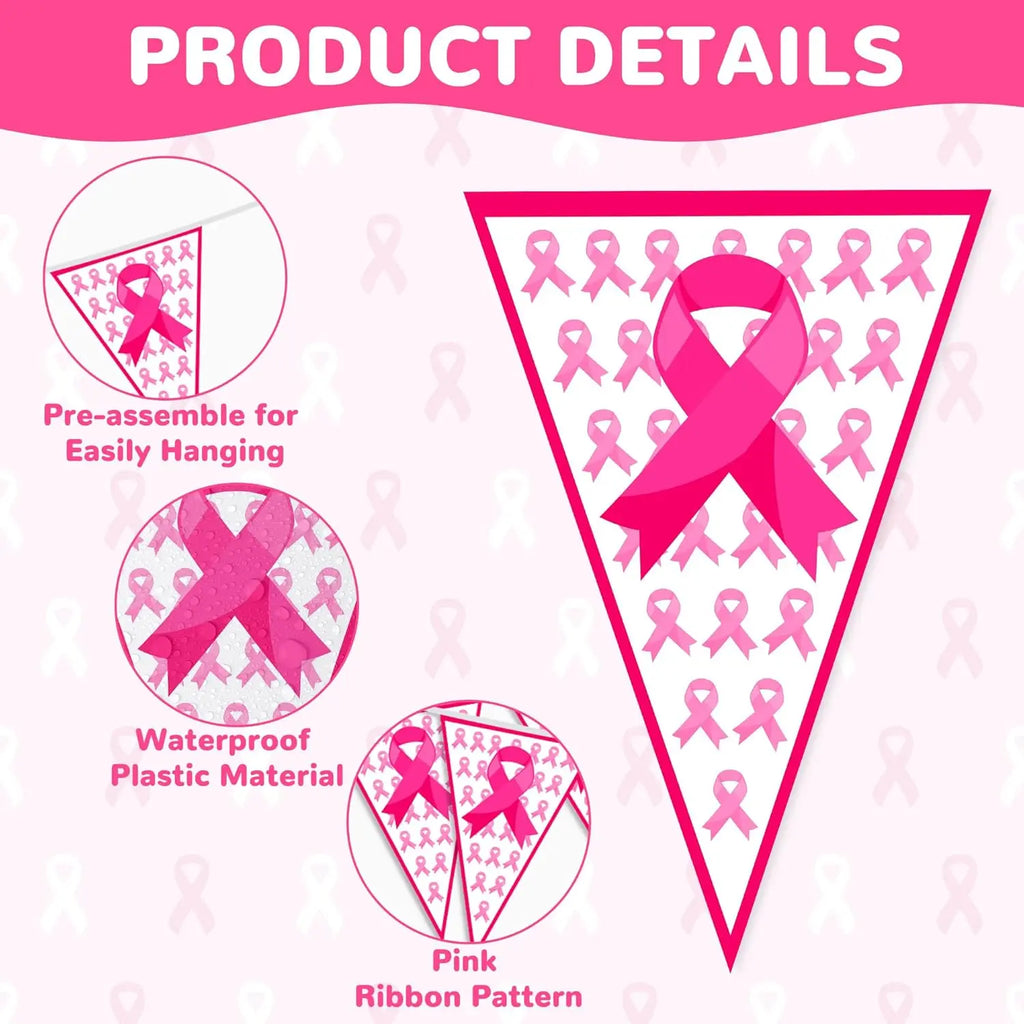 100FT Pink Ribbon Banner-60 PCS Breast Cancer Awareness Pennant Flags to Celebrate someone,  Pre-assembled Decor for Outdoor Indoor Party Wall