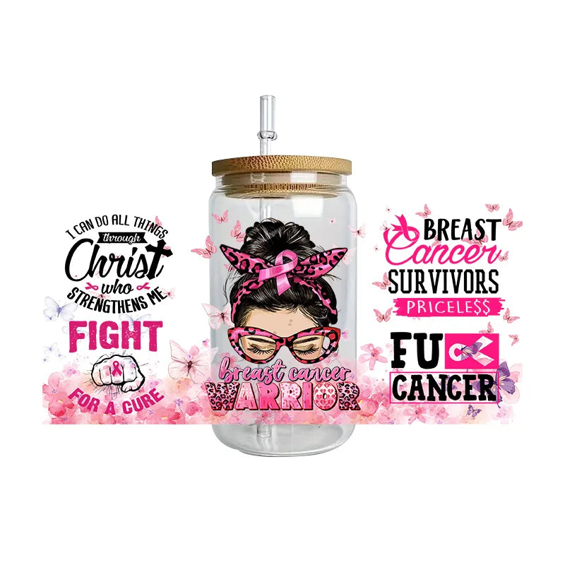 Pink Ribbon Affirmation Cup Wraps Decals for 16oz Libbey Glass Breast Cancer Awareness 3D Transfer Stickers UV DTF Cup Wraps