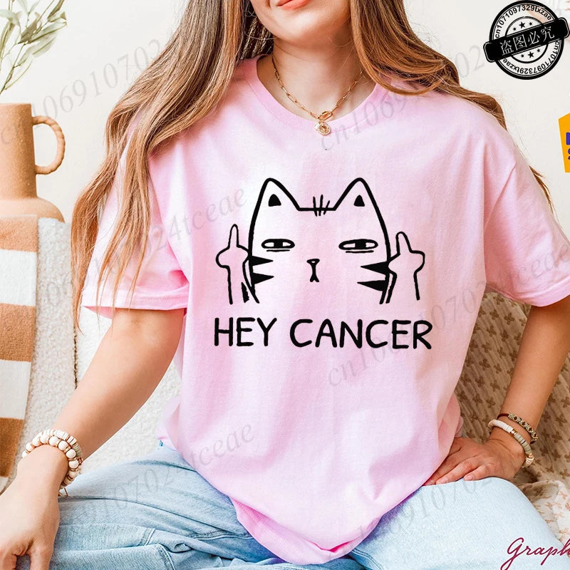 "Hey Cancer" Survivor T-Shirts, Cancer Warrior Shirt, Kitten Awareness Month Tee, Cancer Fighter Gift Shirt for Women Clothing