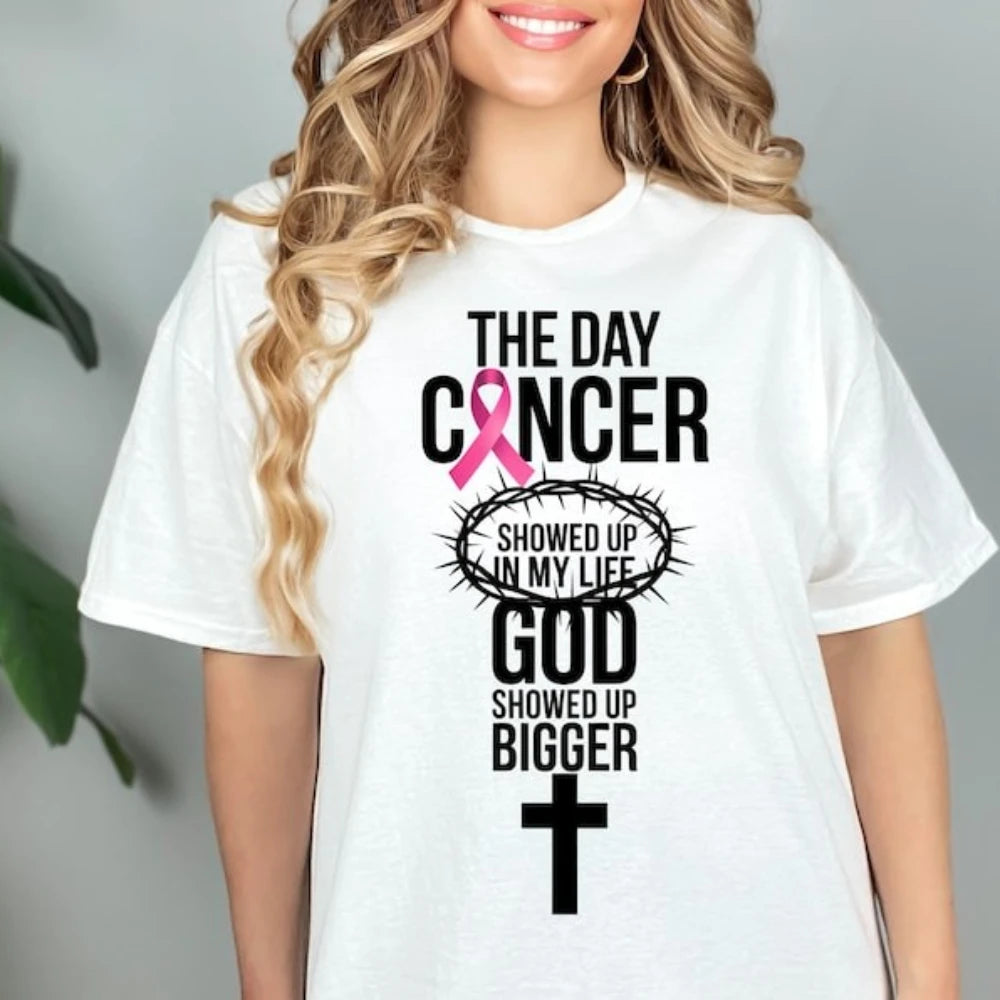 Breast Cancer Awareness Month Women Shirt Breast Cancer Awareness God Showed Up Bigger Christian Quote for T-Shirts Tops