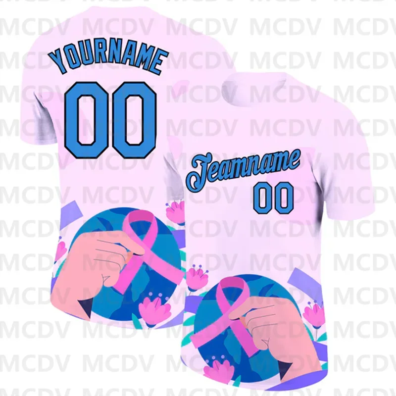 Custom Light Blue White 3D Pink Ribbon Breast Cancer Performance T-Shirt