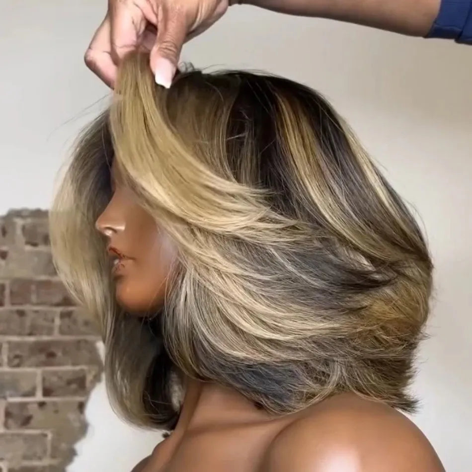Blonde Highlight Layered Cut Bob 5X5 Lace Closure Wig Short Bob Wig Human Hair 100% Colored Highlight Ombre Straight For Women
