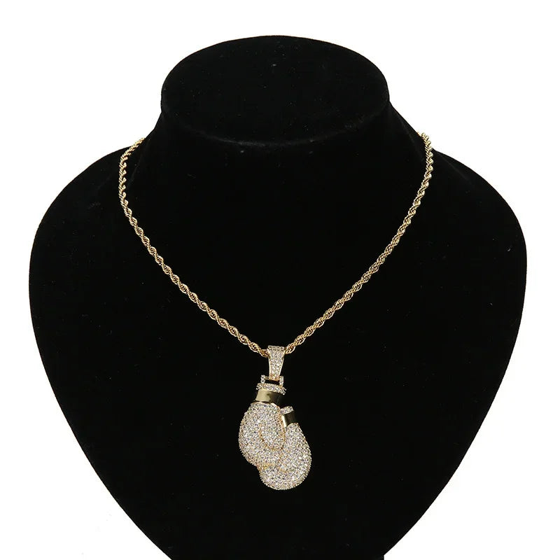 KEEP FIGHTING Boxing Gloves Pendant Necklace and Pendant Gold color rhinestones Men's /Women's fighting Necklace Pendant Jewelry