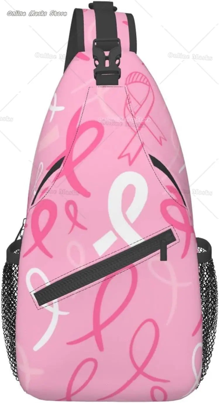 Breast Cancer Pink Awareness Ribbon Sling Bag for Women Girls Shoulder Backpack Chest Bags Crossbody Daypack for Hiking Camping